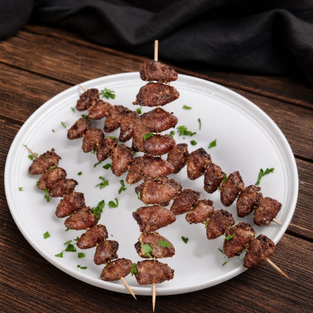 Charcoal-Grilled Chicken Hearts.