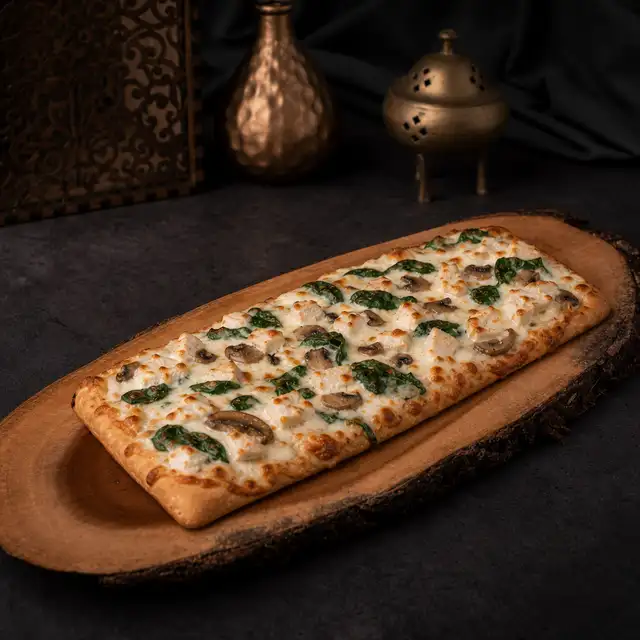 Chicken Alfredo Flatbread Pizza.
